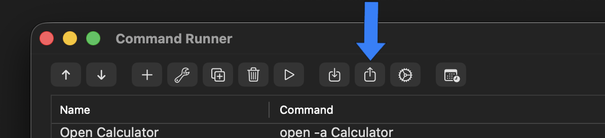 Command Runner toolbar with the Export button highlighted