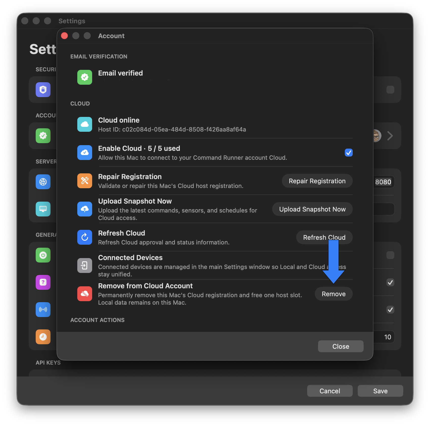 Command Runner Account screen with Remove from Cloud Account highlighted