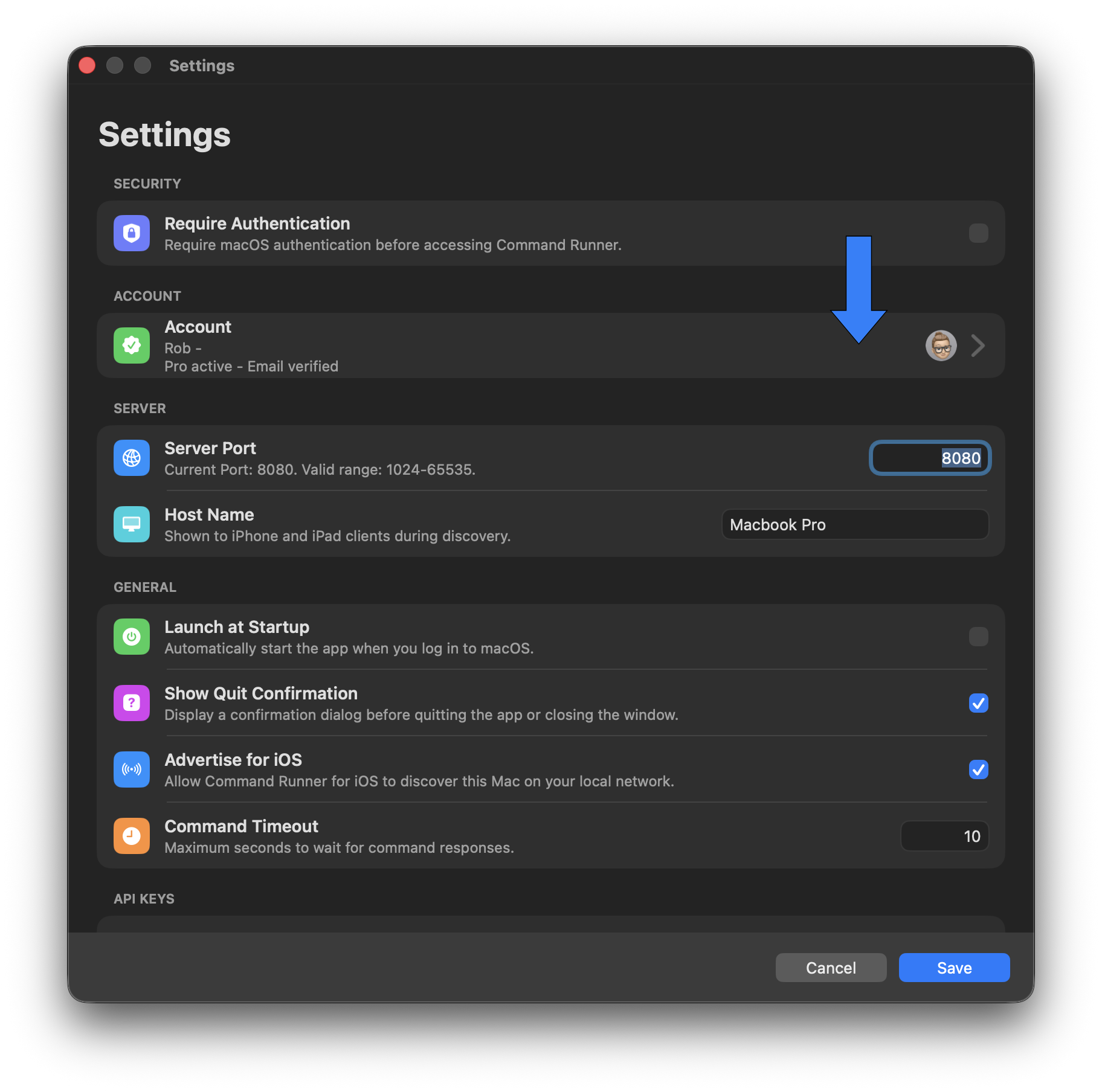 Command Runner Settings with the Account row highlighted