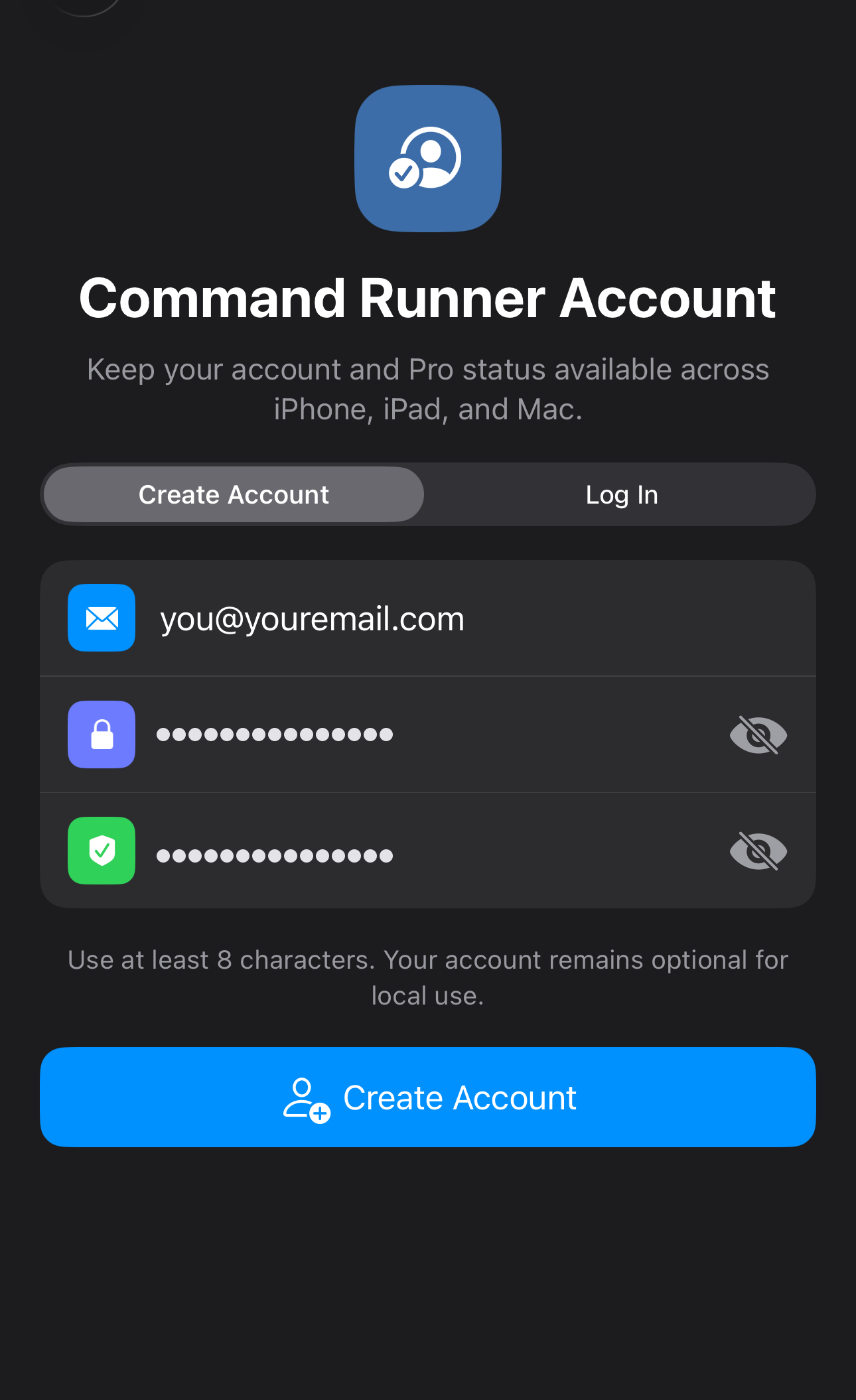 iOS Command Runner account creation screen