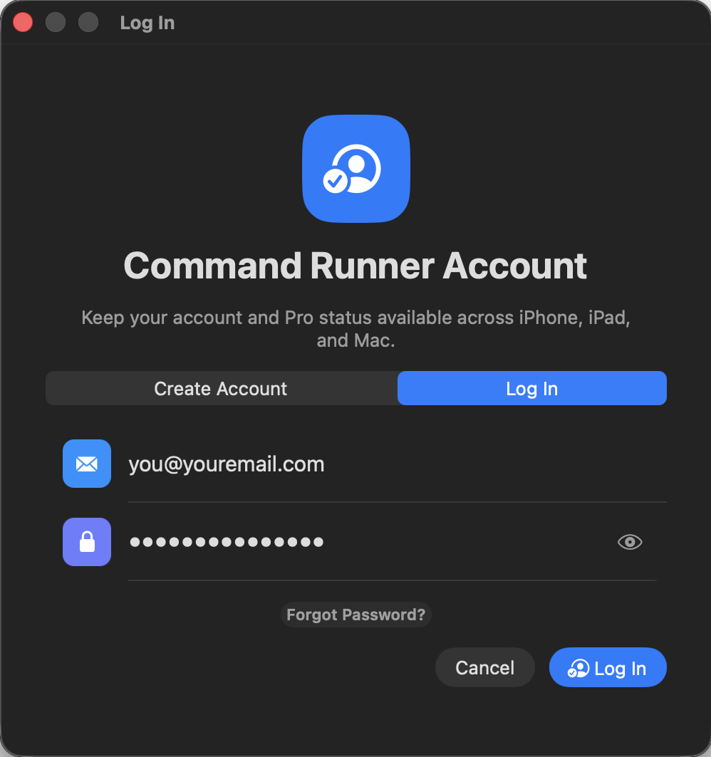 Mac Command Runner account login window