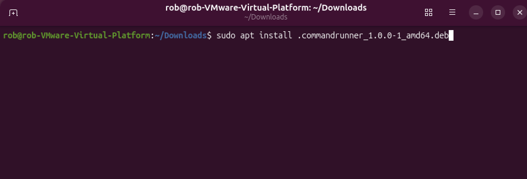 Linux terminal showing the apt install command for Command Runner