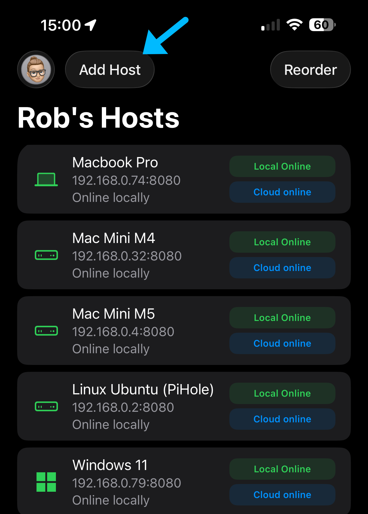 iOS Command Runner Hosts screen with the Add Host button highlighted