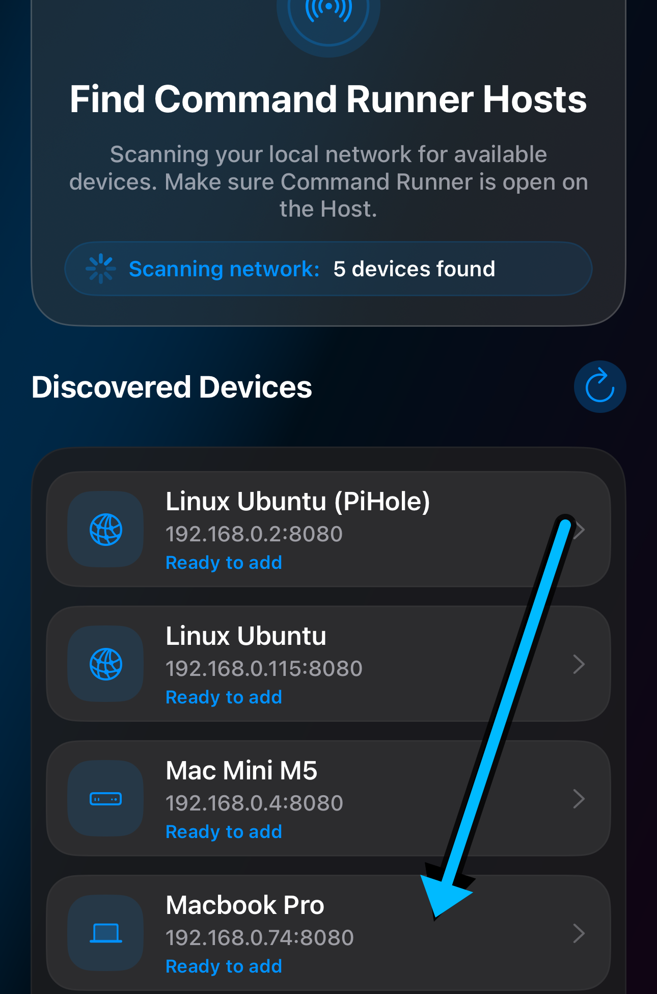 iOS Command Runner Discovery screen with a MacBook Pro host highlighted