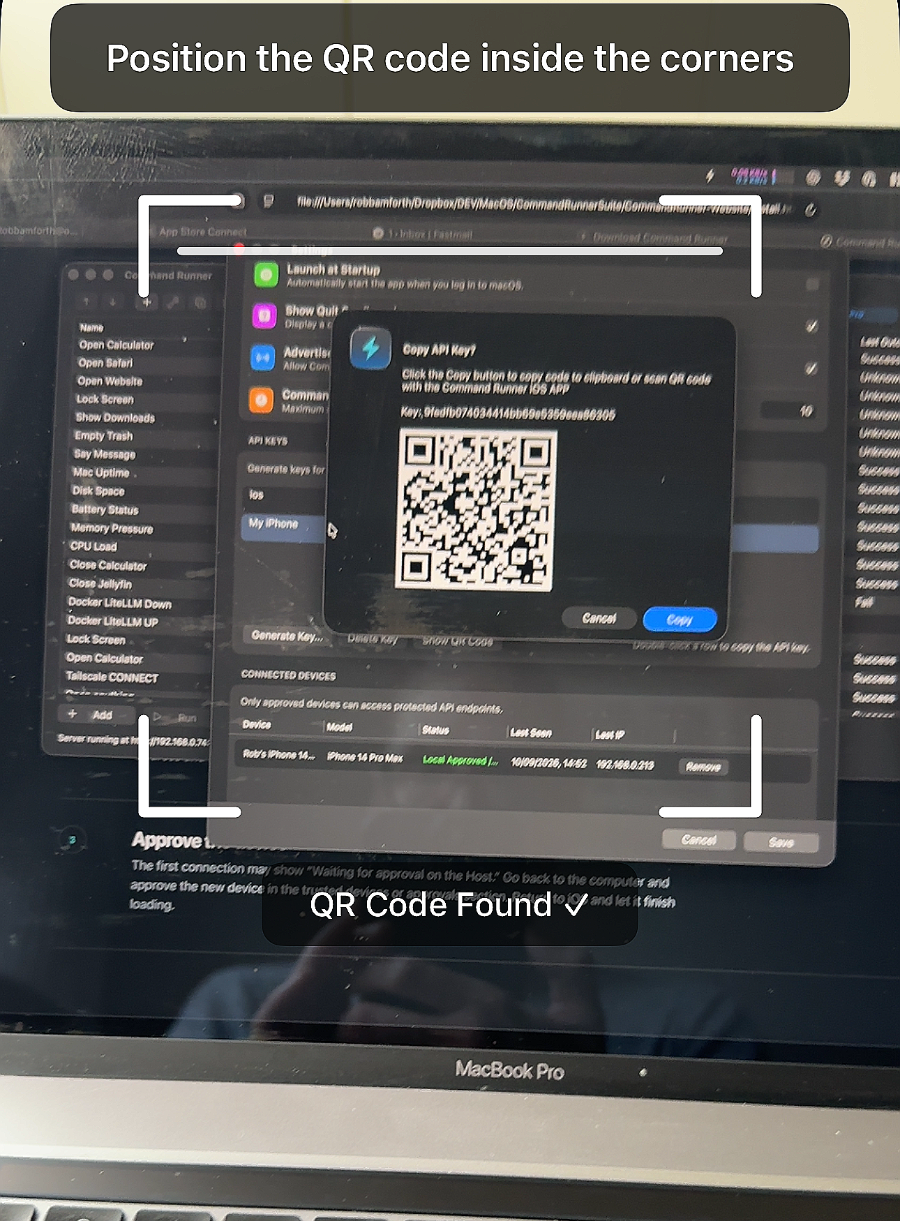 iPhone Command Runner QR code scanner aimed at the Host QR code