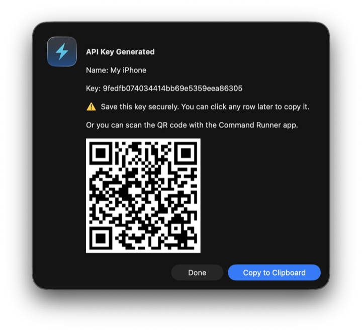 Mac API key generated with a QR code