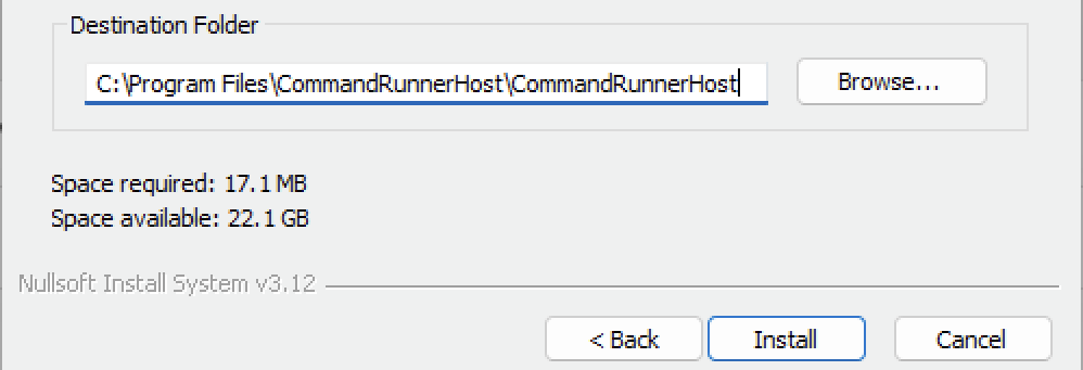 Windows CommandRunnerHost Setup installer showing the install location