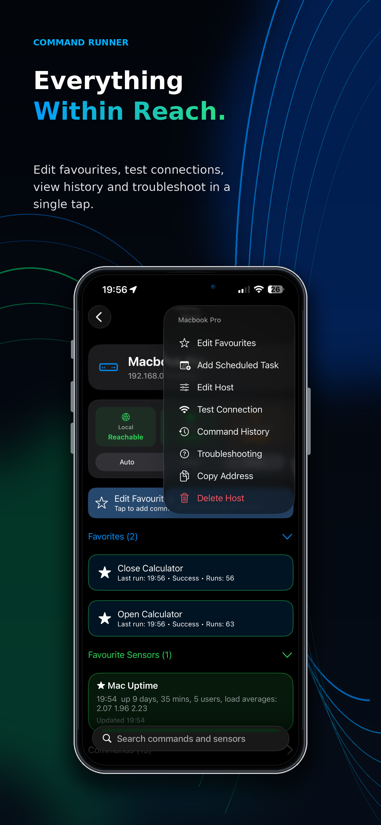 Commands and sensors for a connected Command Runner host