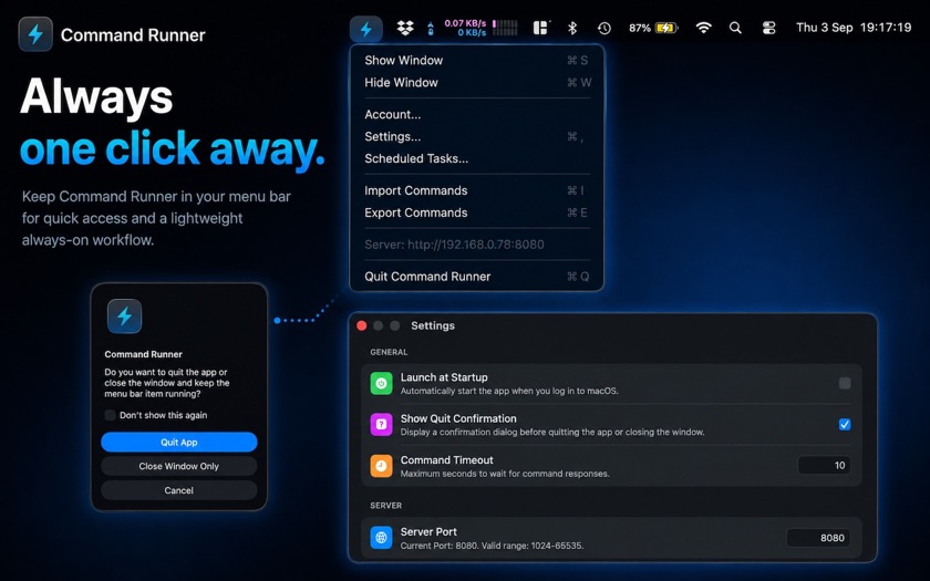 Command Runner stays one click away in the Mac menu bar